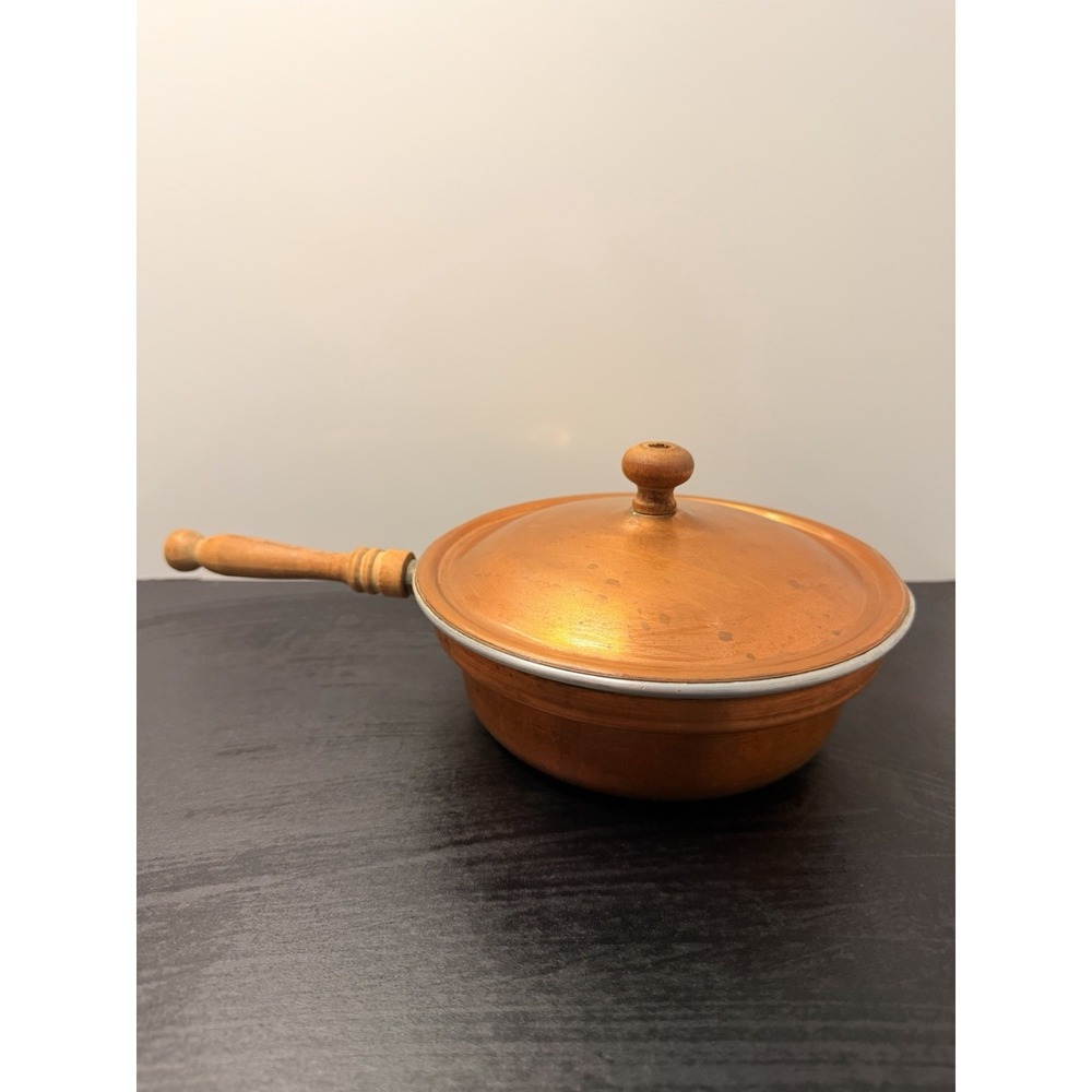 Vintage Hand Crafted Copperware 7" Lidded Pan Skillet Wooden Handle Tin Lined